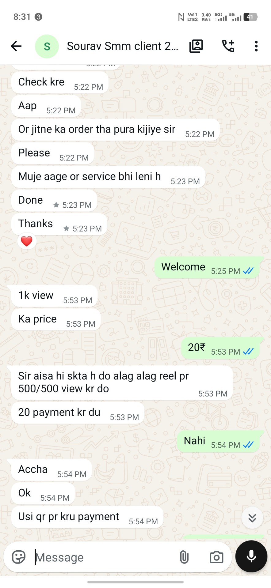 Client WhatsApp conversation with Pushpraj Digital Services