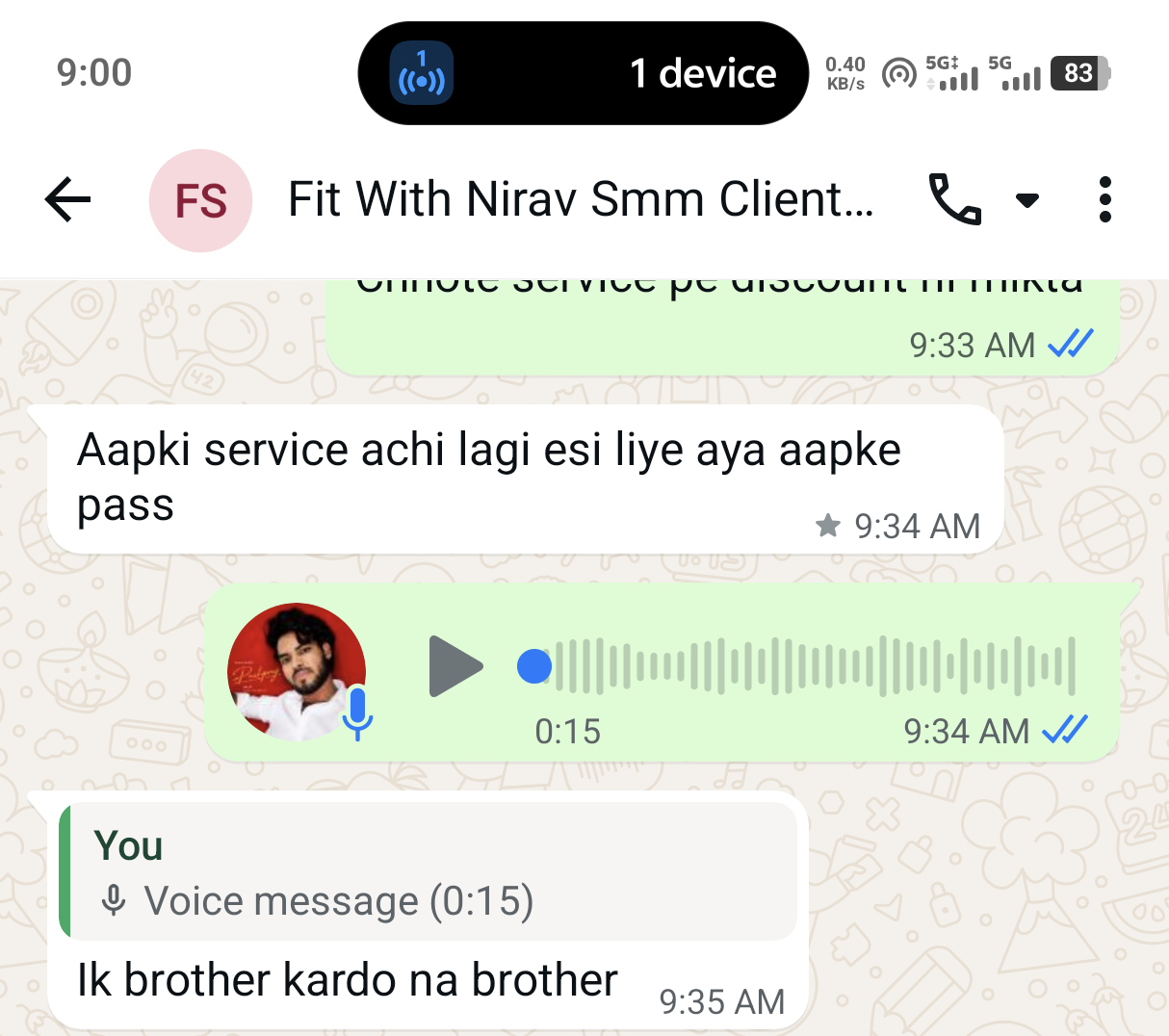 Client WhatsApp conversation with Pushpraj Digital Services