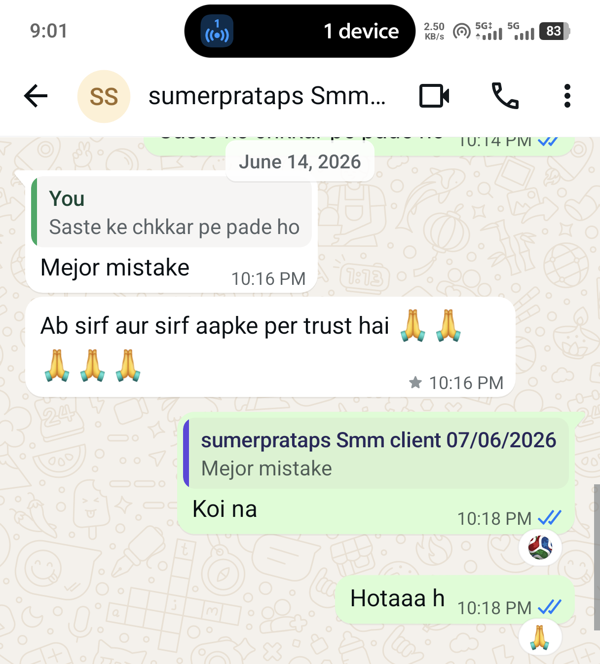 Client WhatsApp conversation with Pushpraj Digital Services